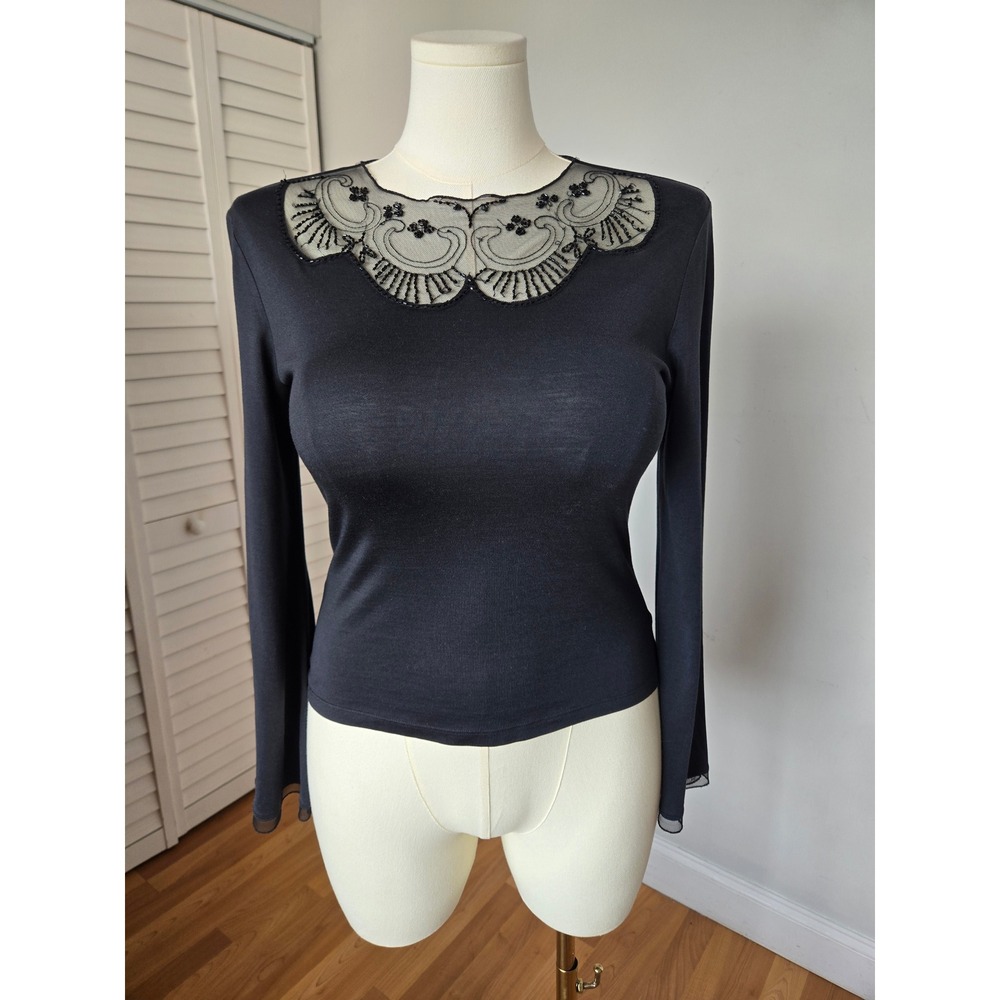 Sunny Leigh Black Silk Blend Beaded Mesh Bell Sleeve Top M Y2K Whimsigoth Witchy